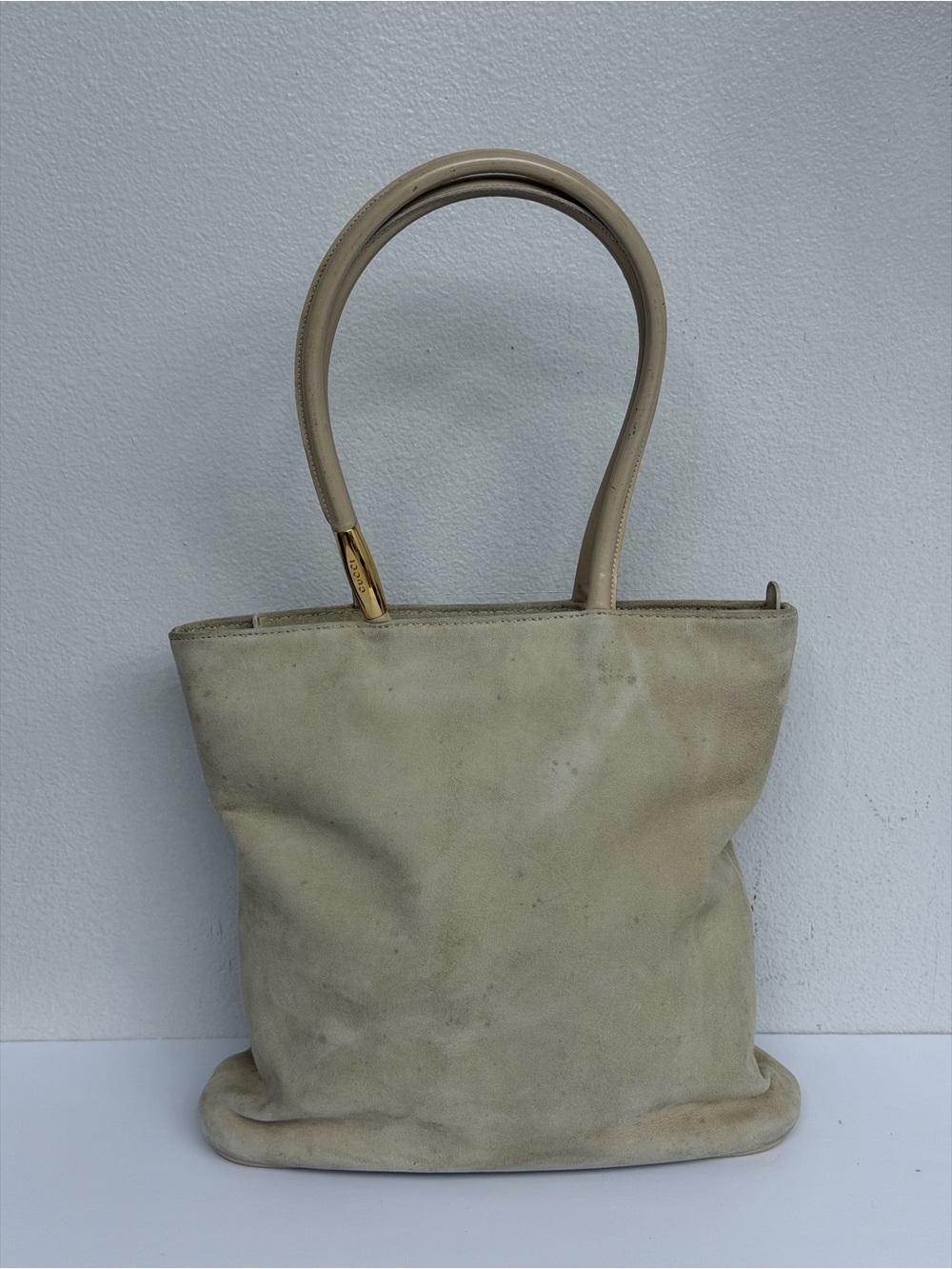 Vintage GUCCI Beige Canvas Leather Shoulder Tote Bag Long Handles Gold Hardware